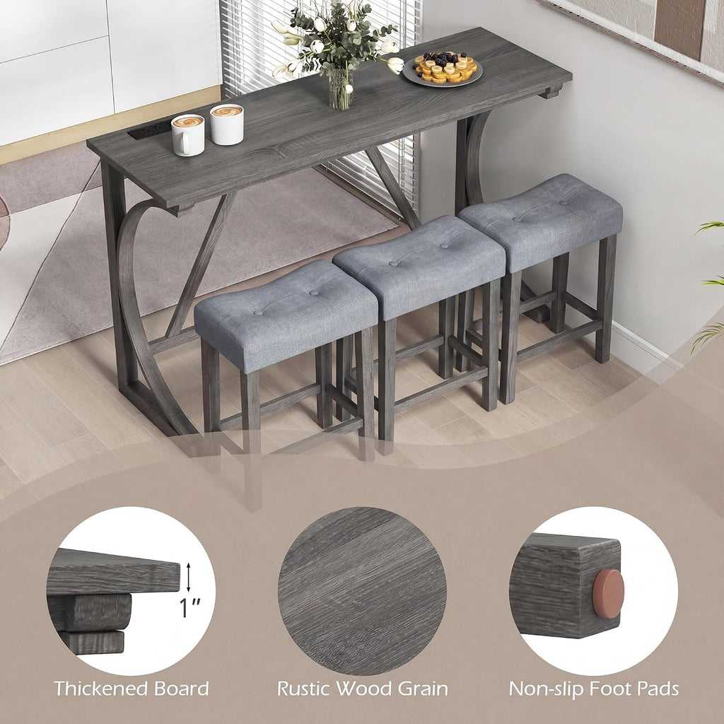 COSTWAY 4-Piece Farmhouse Bar Table Set with Power Outlet, Counter Height Dining Table Set w/ 3 Upholstered Stools, Wood Console Table Set for Kitchen, Dining Room, Living Room (Gray)