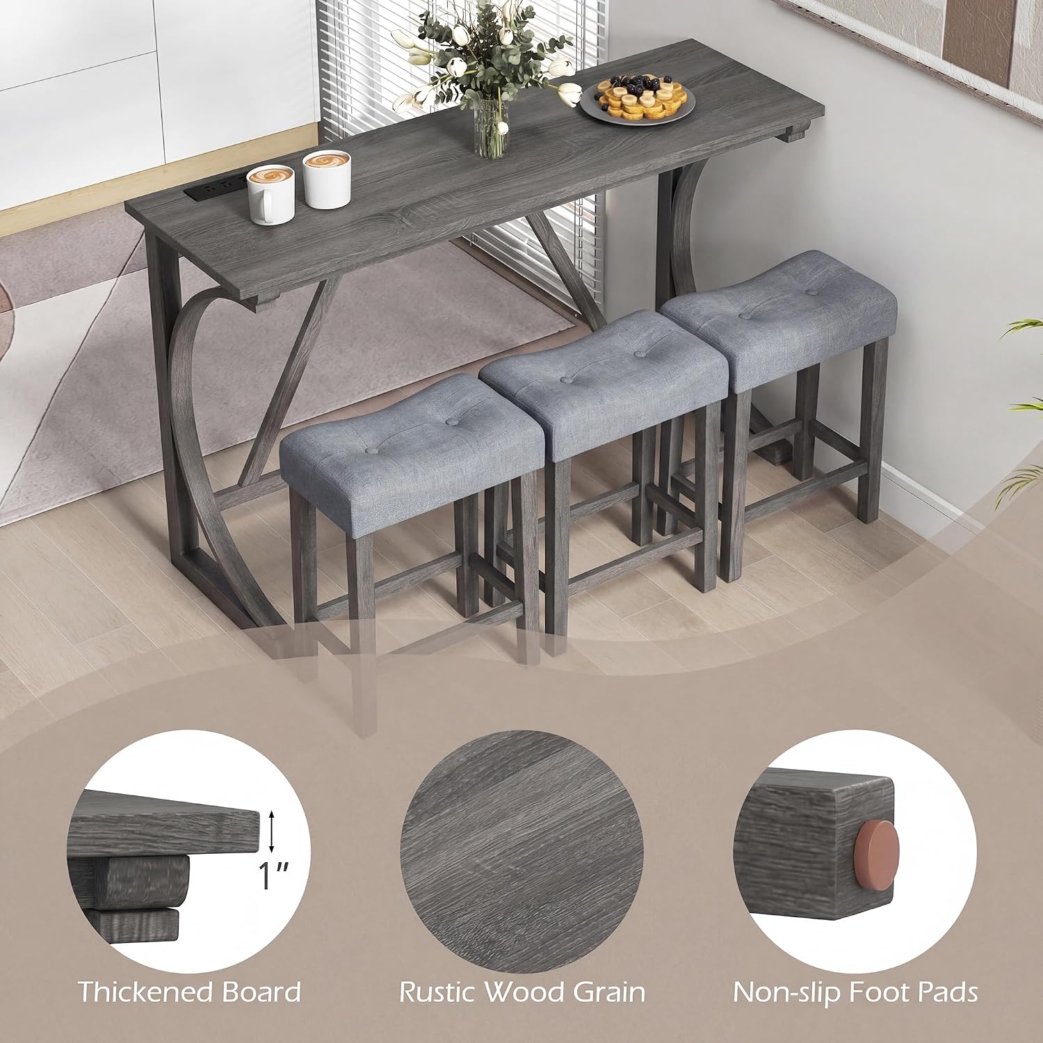 COSTWAY 4-Piece Farmhouse Bar Table Set with Power Outlet, Counter Height Dining Table Set w/ 3 Upholstered Stools, Wood Console Table Set for Kitchen, Dining Room, Living Room (Gray)