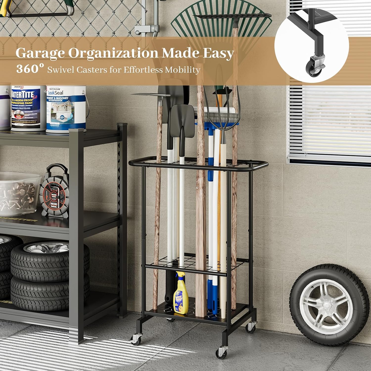 Garden Tool Organizer with Wheels, Heavy Duty Metal Garage Tool Storage Rack, Yard Tool Holder for Long-Handled Tools, Rakes and Brooms, Indoor and Outdoor Use for Shed, Patio