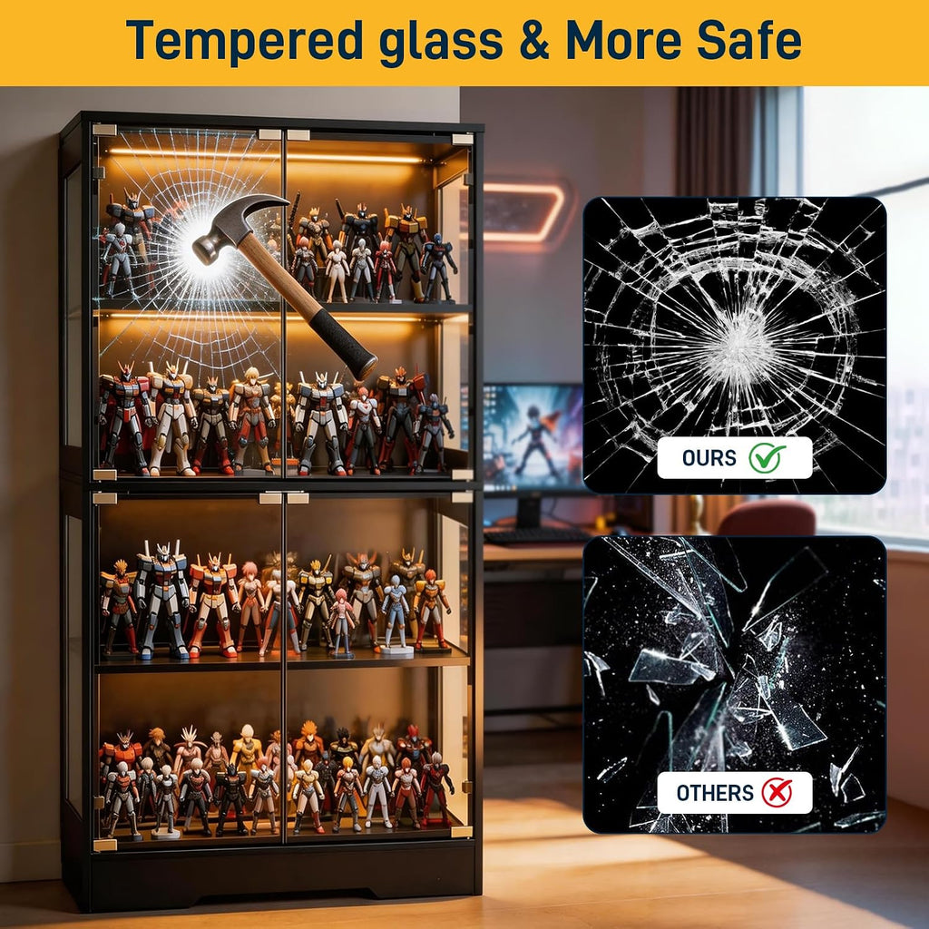 Glass Display Cabinet with Doors,4-Tier Display Shelf for Collectibles with 3 Color Lights, Display Case with Adjustable Glass Shelves, Storage Woode Shelf Bookcase, Showcase,Black
