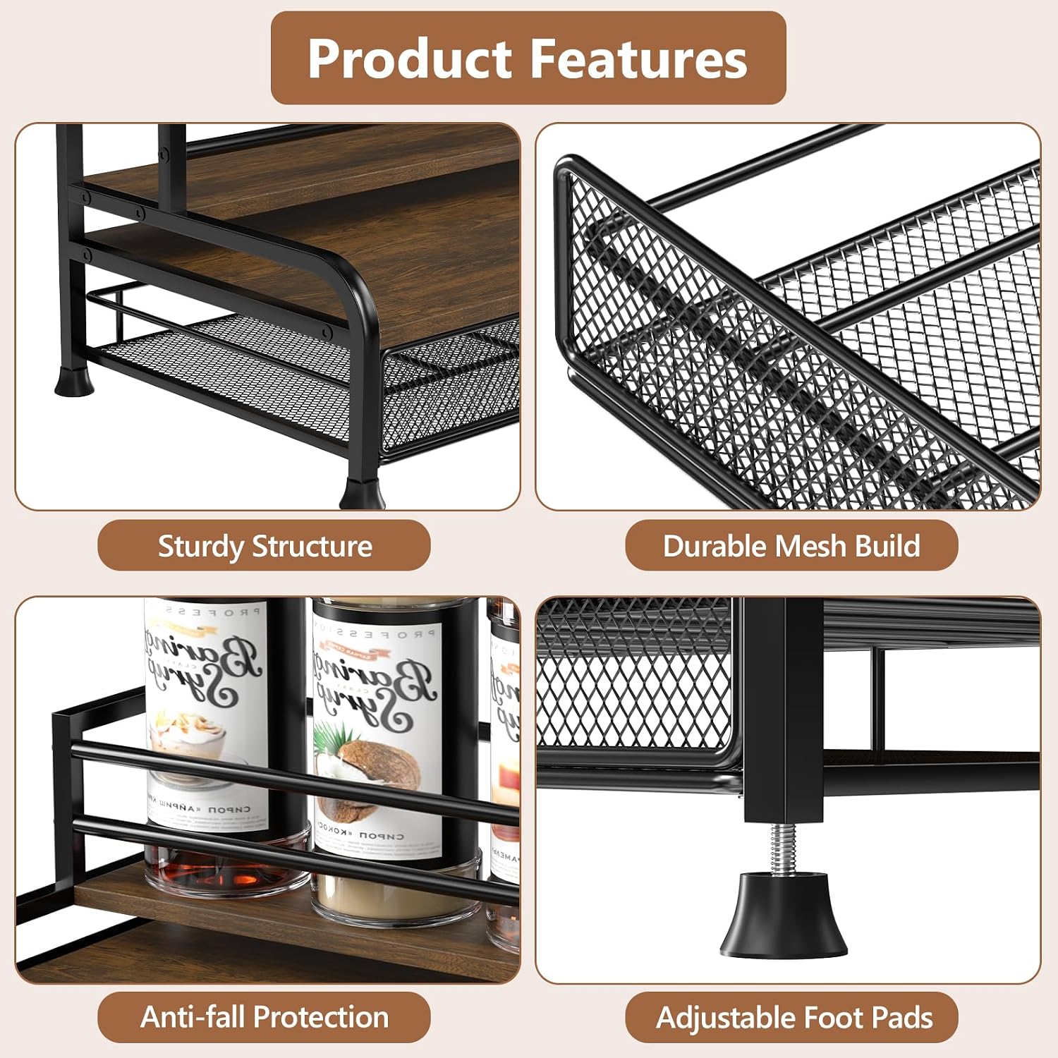 Coffee Syrup Rack Organizer, 3-Tier with 35 K-CUP Pod Holder Drawer | Black Metal Rack for 8 Syrup Bottles, Countertop Bottle Holder Stand for Wine, Space-Saving Design for Kitchen Cafe Station