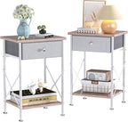 VECELO End Tables, Modern Nightstand with Fabric Drawer & Open Shelf, Night Stand for Bedroom Living Room, Industrial Metal Frame, Easy Assembly, Grey,2 Pack