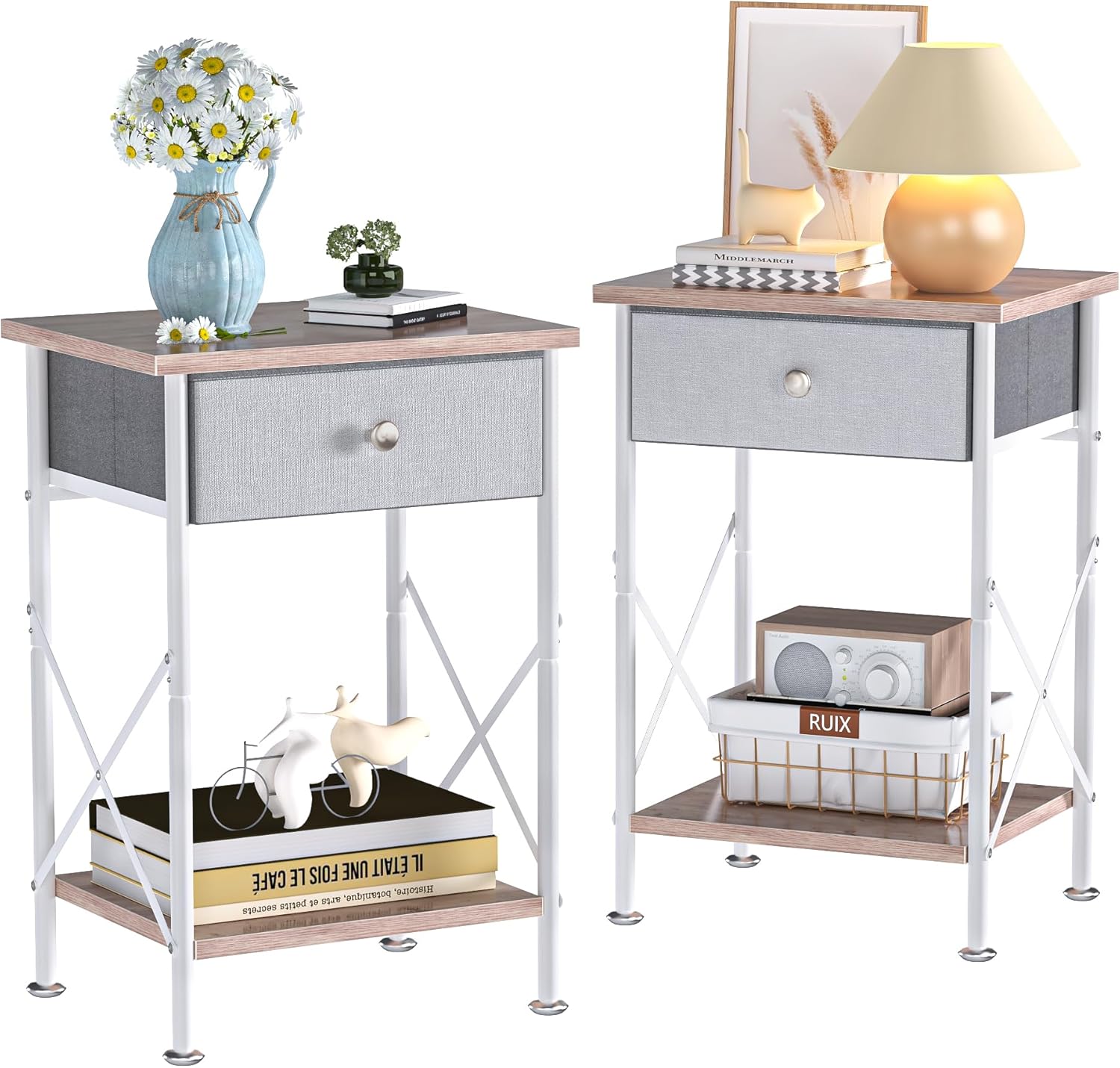 VECELO End Tables, Modern Nightstand with Fabric Drawer & Open Shelf, Night Stand for Bedroom Living Room, Industrial Metal Frame, Easy Assembly, Grey,2 Pack