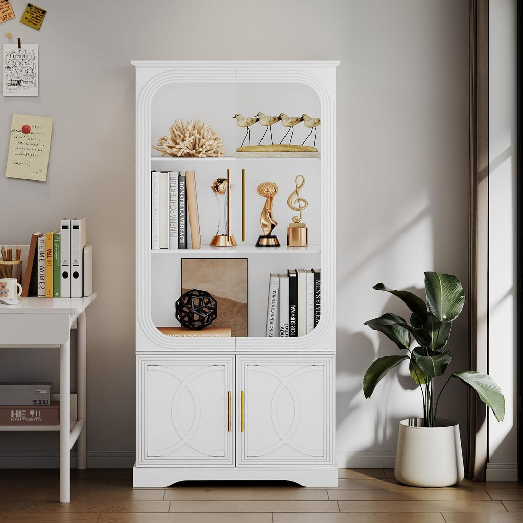 2pc Wood Display Cabinet with Glass Doors, 69" Tall Curio Cabinet with LED Lights, Glass Display Case with Storage and 3 Shelves for Living Room, (White-2)