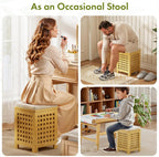Bamboo End Table with Removable Cushion and Hidden Storage, 2-in-1 Ottoman Side Table with Breathable Grid Design for Small Space, Living Room, Bedroom, Balcony, Entryway
