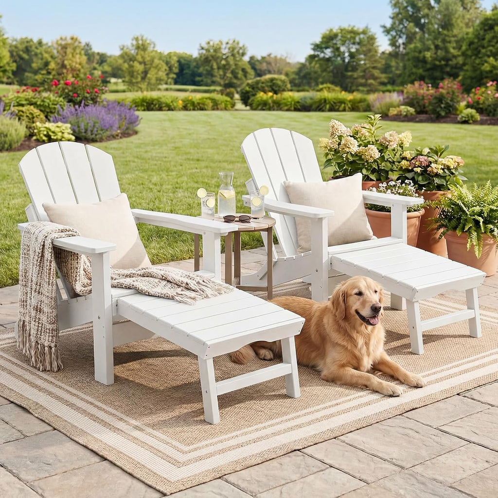 PASAMIC Folding Adirondack Chairs Set of 2 with Retractable Ottoman, 5-Position Adjustable Backrest, HDPE All-Weather Fire Pit Chairs with 2 Hidden Cup Holders, Wood-Look Outdoor Chairs, White