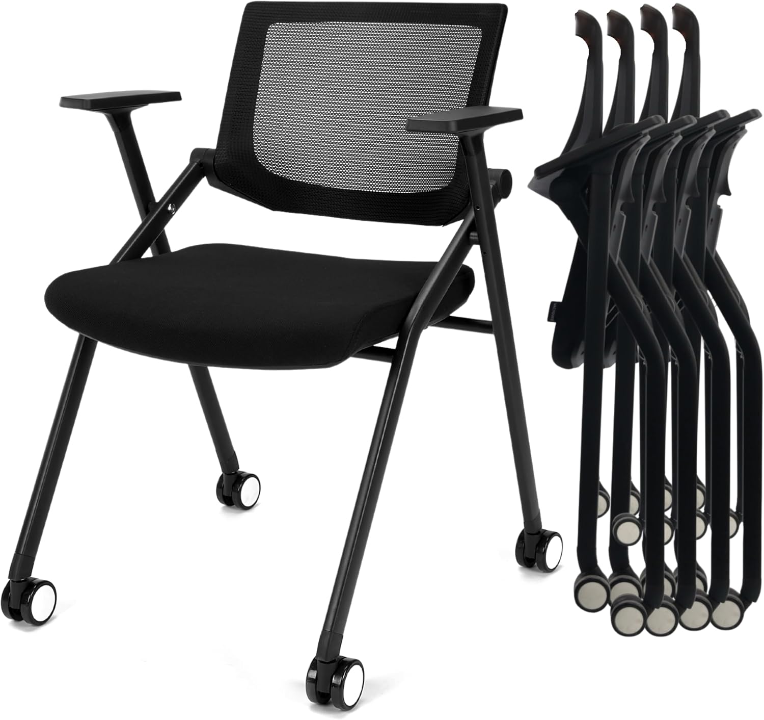 2 Pack Stackable Conference Room Chairs with Wheels and Paddle, Ergonomic Mesh Back and Arms for Meeting, Conference, Reception, Training Room & Home Office Desk Folding Chairs