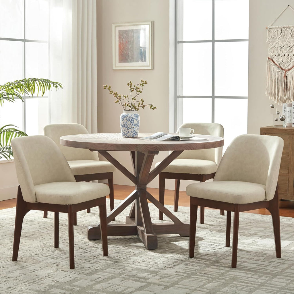 VKNOW Dining Chairs Set of 4, Faux Leather Wooden Kitchen Chairs, Beige | Modern Upholstered Side Chair with Rubberwood Legs for Kitchen Dining Room Restaurant, No Wobble