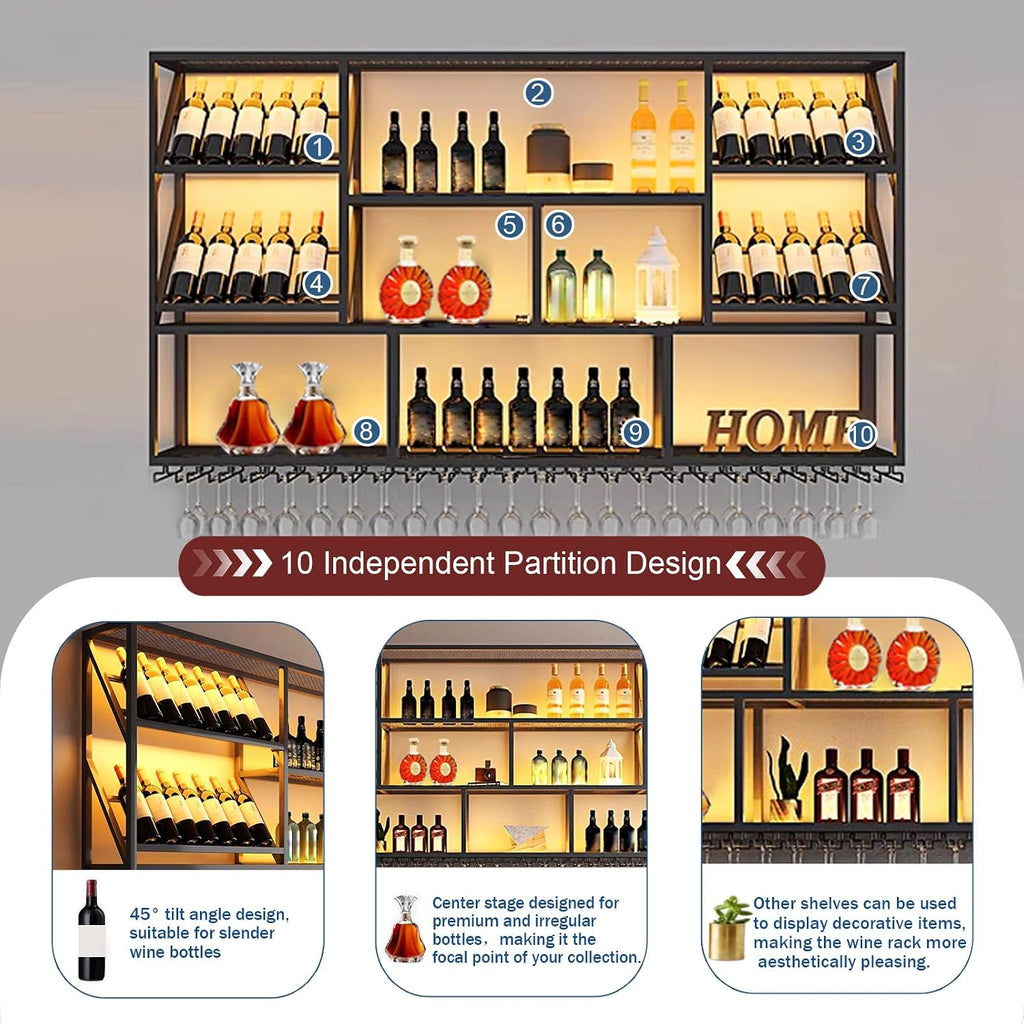 3 Tiers Large Wall Mounted Wine Rack with Glass Holder, Modern Metal Hanging Liquor Shelves, Holds Bottles at 2 Tilt Angles (45° 90° ) for Bar Home Bar Dining Room Cafe Decorative (Black, 59in/150cm)