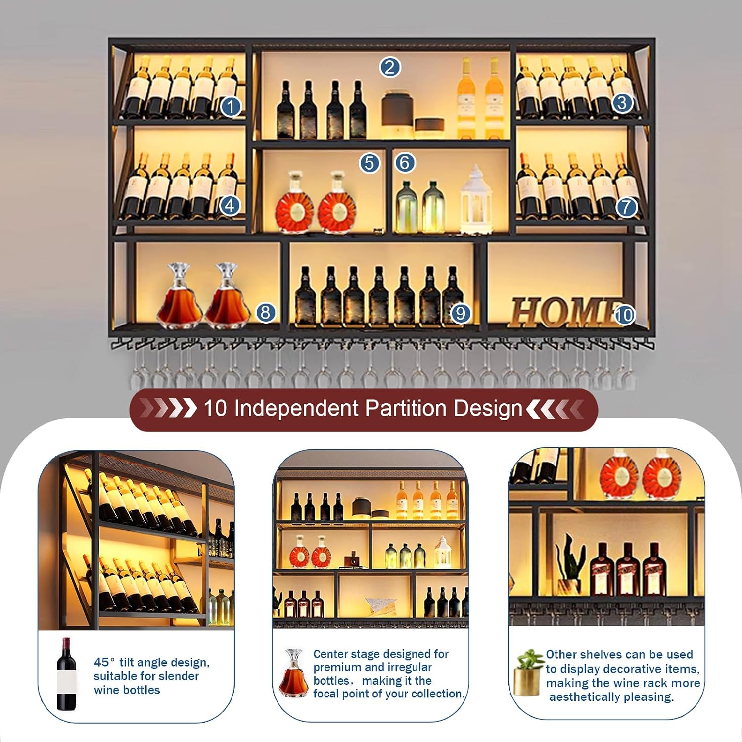 3 Tiers Large Wall Mounted Wine Rack with Glass Holder, Modern Metal Hanging Liquor Shelves, Holds Bottles at 2 Tilt Angles (45° 90° ) for Bar Home Bar Dining Room Cafe Decorative (Black, 59in/150cm)