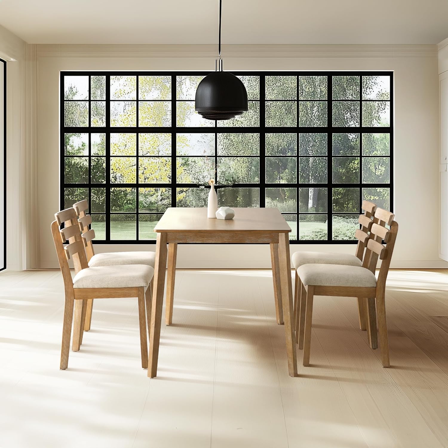 SIMTONAL 4-Piece Farmhouse Dining Set, Wooden Table with 2 Chairs, Bench Seat, Mid-Century Modern Wooden Table & Upholstered Chair Set for Home, Kitchen, Dining Room, Solidwood Legs