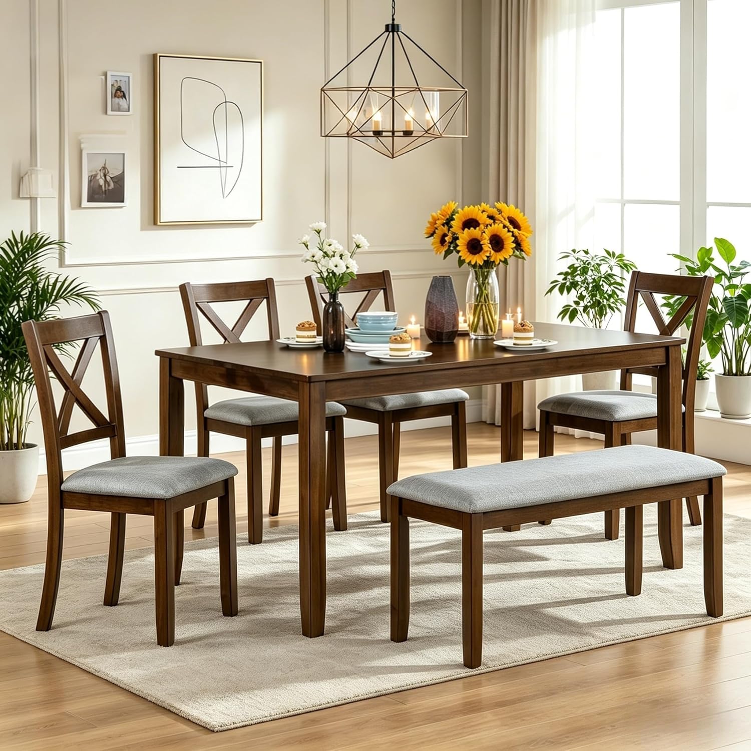 LUMISOL 6-Piece Solid Wood Dining Table Set, Wood Kitchen Table with 4 Chairs and Bench, Farmhouse Dining Table with Bench and Chairs Set for Kitchen, Living Room, Walnut Grey