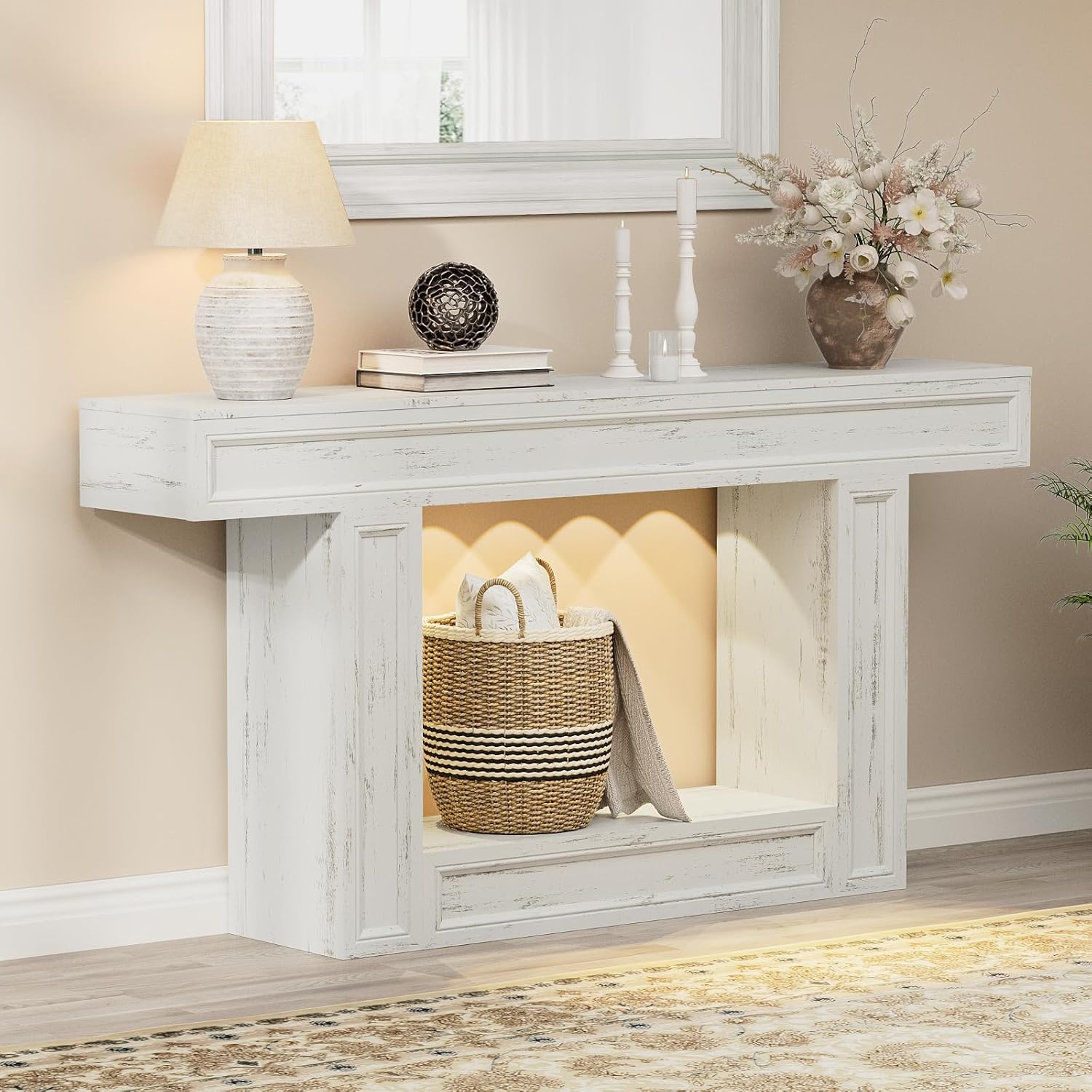 Rresyet 63" Console Table, 2-Tier Entryway Table with Sensor Lights, Coffee Table Behind The Sofa, with U-Shaped Base Suitable for Entryways, Living Rooms, Corridors, and Foyers(White)