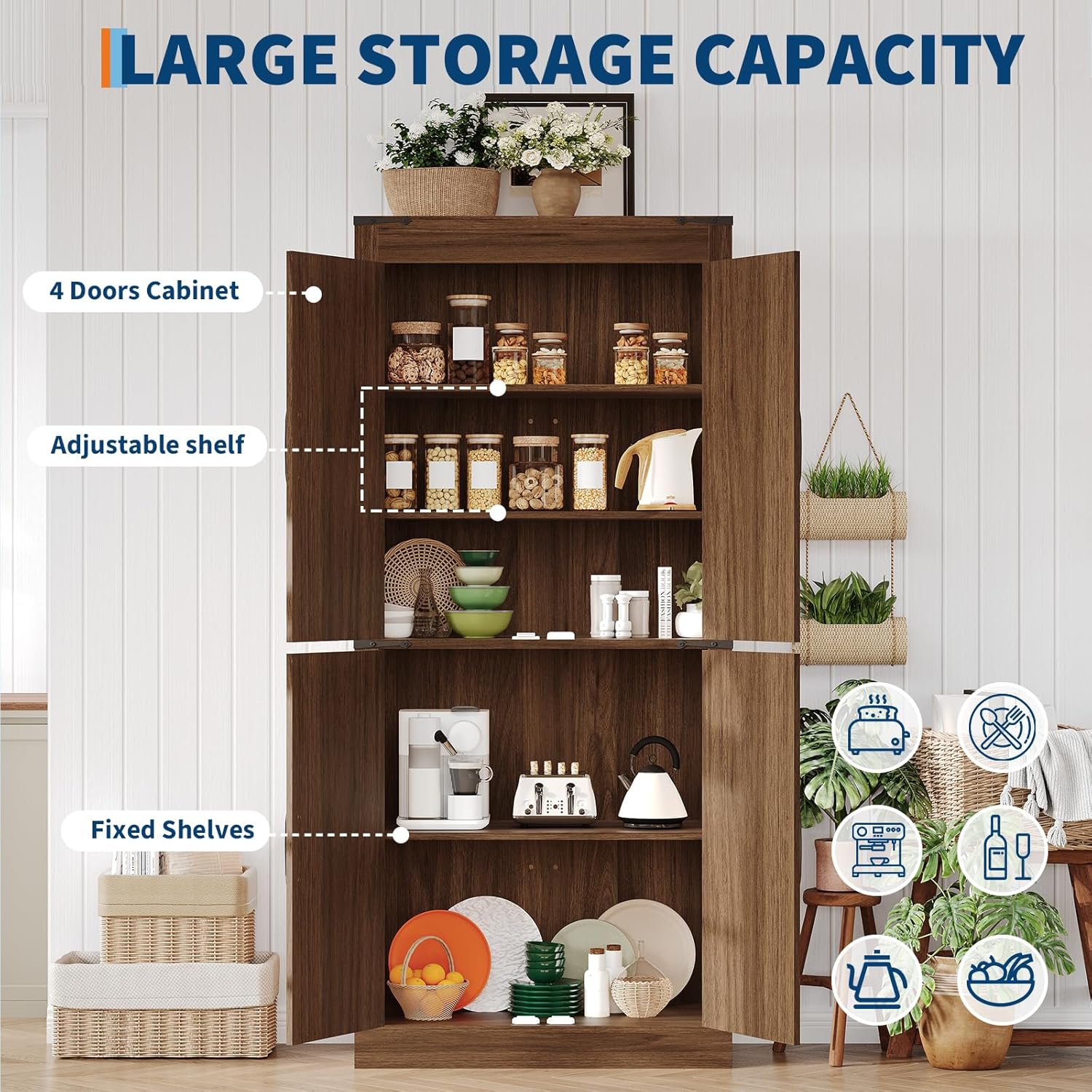GarveeHome 71 in Tall Farmhouse Kitchen Pantry Storage Cabinet with 4 Barn Doors and Adjustable Shelves, Freestanding Rustic Wood Cupboard Storage Cabinets for Kitchen, Dining Room, Bathroom, Brown