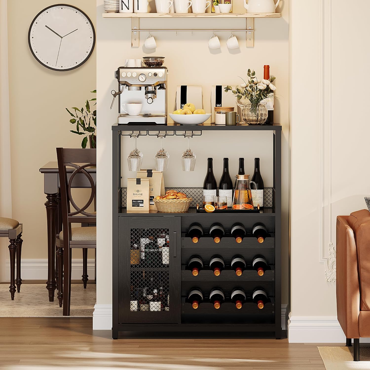IDEALHOUSE Wine Bar Rack Cabinet with LED Light, Adjustable Shelves Coffee Bar Cabinet with Mesh Door and Baffle Design, 36 in Tall Small Liquor Bar Cabinet for Home, Kitchen, Dinning Room, Black