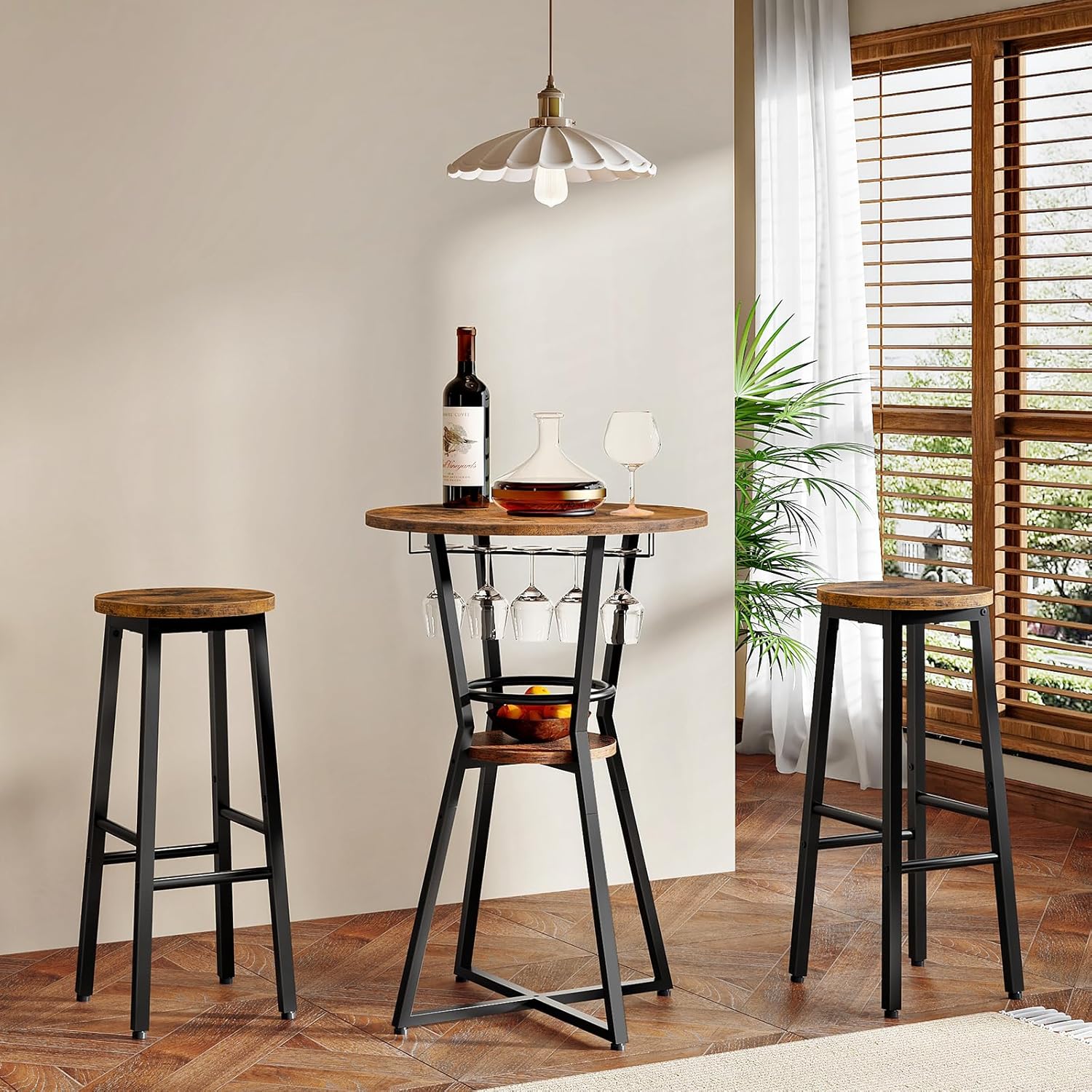 HOOBRO Round Bar Table, 2-Tier Counter Height Pub Table with Wine Glass Holder, Industrial Cocktail Table, for Small Space, Tavern, Living Room, Dining Room, Patio, Rustic Brown and Black BF62BT01G1