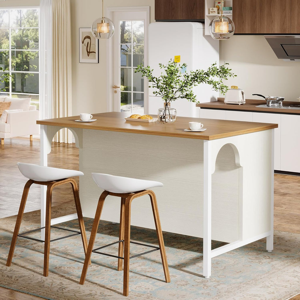 Tribesigns Kitchen Island with 3 Storage Shelves, 55" W Kitchen Shelf with Large Countertop and Seating Area, Modern Wooden Coffee Bar Table (White)