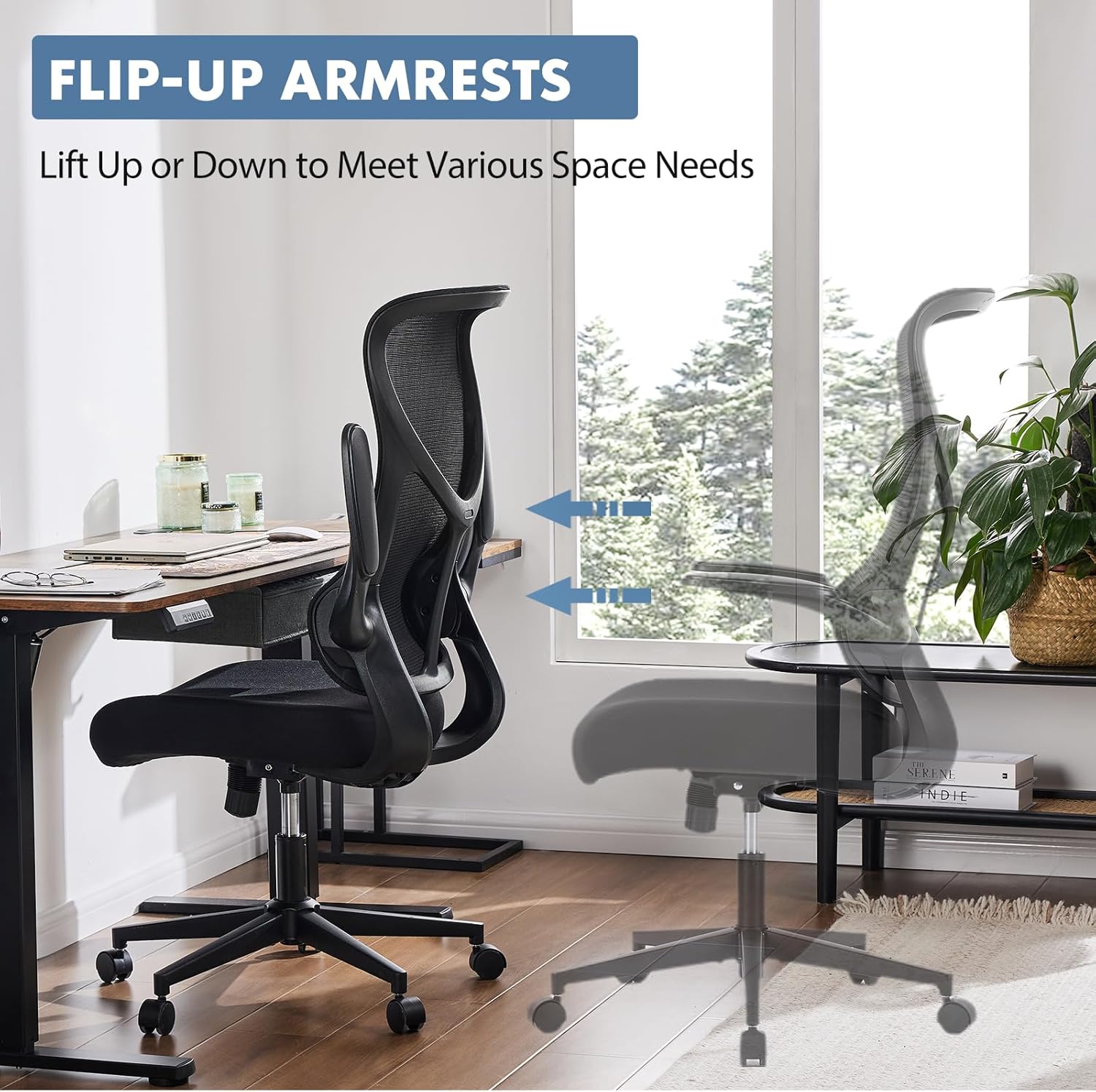 DUMOS Office Managerial Executive Chair with Ergonomic Design, High Back Mesh Computer Desk Chair with Flip-up Armrests, Adjustable Height Swivel Task with Wheels, Comfy Lumbar Support, Black