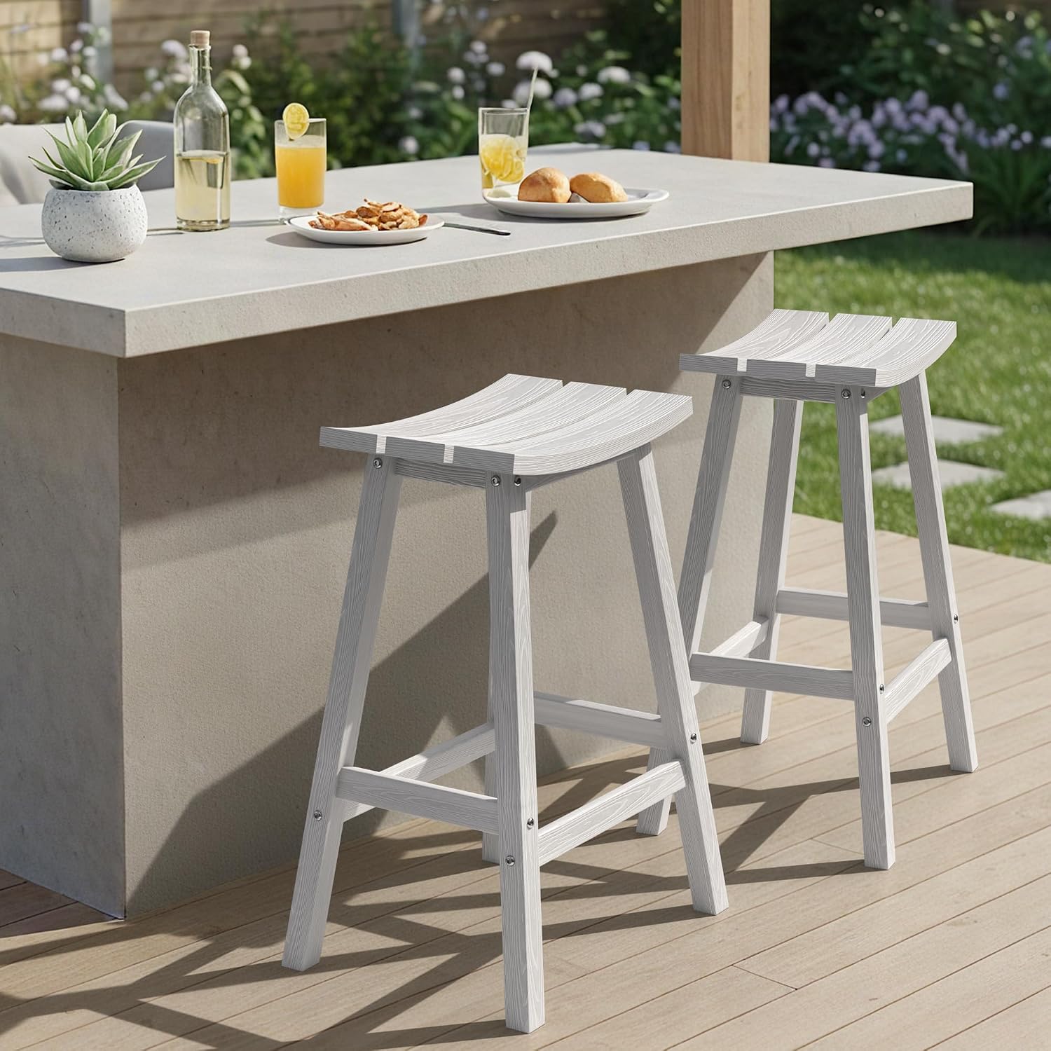 Ciokea 2 Set 29" Outdoor Bar Stools Heavy Duty HDPE Outdoor Stools Waterproof Weatherproof Patio Seats Modern Bar Height Tall BarStools for Bar Deck Balcony Kitchen Yard, White