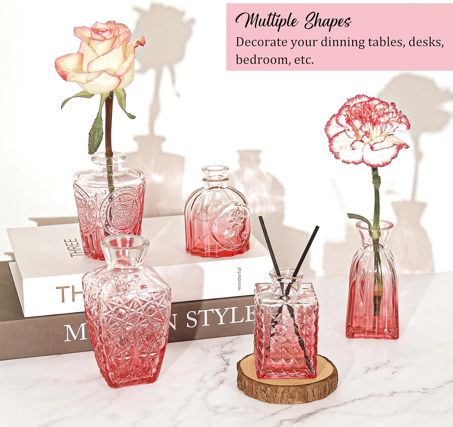 36Pcs Valentine's Day Bud Vases Set Small Vintage Glass Bottles Pink Bud Vases in Bulk Multiple Shape Cute Glass Vases for Rustic Wedding Centerpieces Table Decorations and Home Decor(Pink)