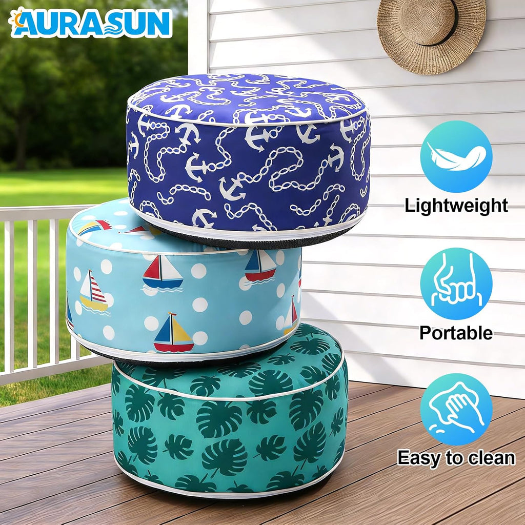 AURASUN Inflatable Outdoor Ottoman Pouf - Portable Footstool with Handle D20” x H10” - Air Pump Included for Outdoor Indoor Use - Comfortable Foot Rest or Seating for Camping or Pool (Light Blue)
