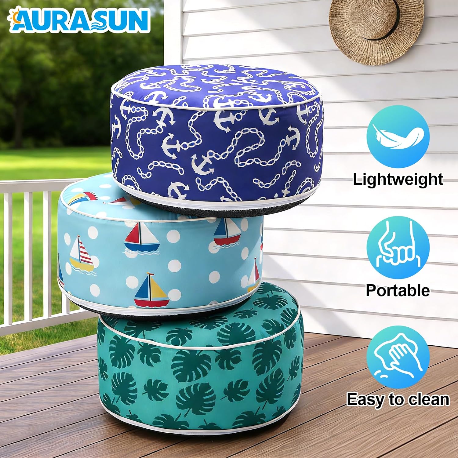 AURASUN Inflatable Outdoor Ottoman Pouf - Portable Footstool with Handle D20” x H10” - Air Pump Included for Outdoor Indoor Use - Comfortable Foot Rest or Seating for Camping or Pool (Light Blue)