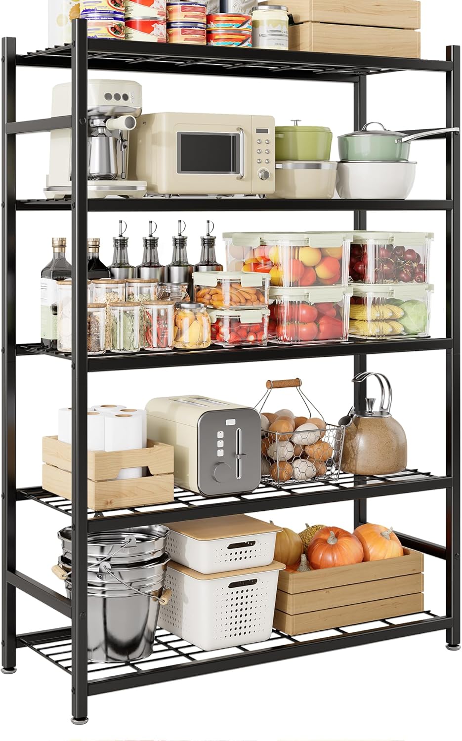 36.4" W Storage Shelves, 5-Tier Metal Shelving Unit with Adjustable Feet, Shelf Organizer for Garage, Kitchen, Pantry and Closet Organization, 36.4" x 11.8" x 68.3", Black