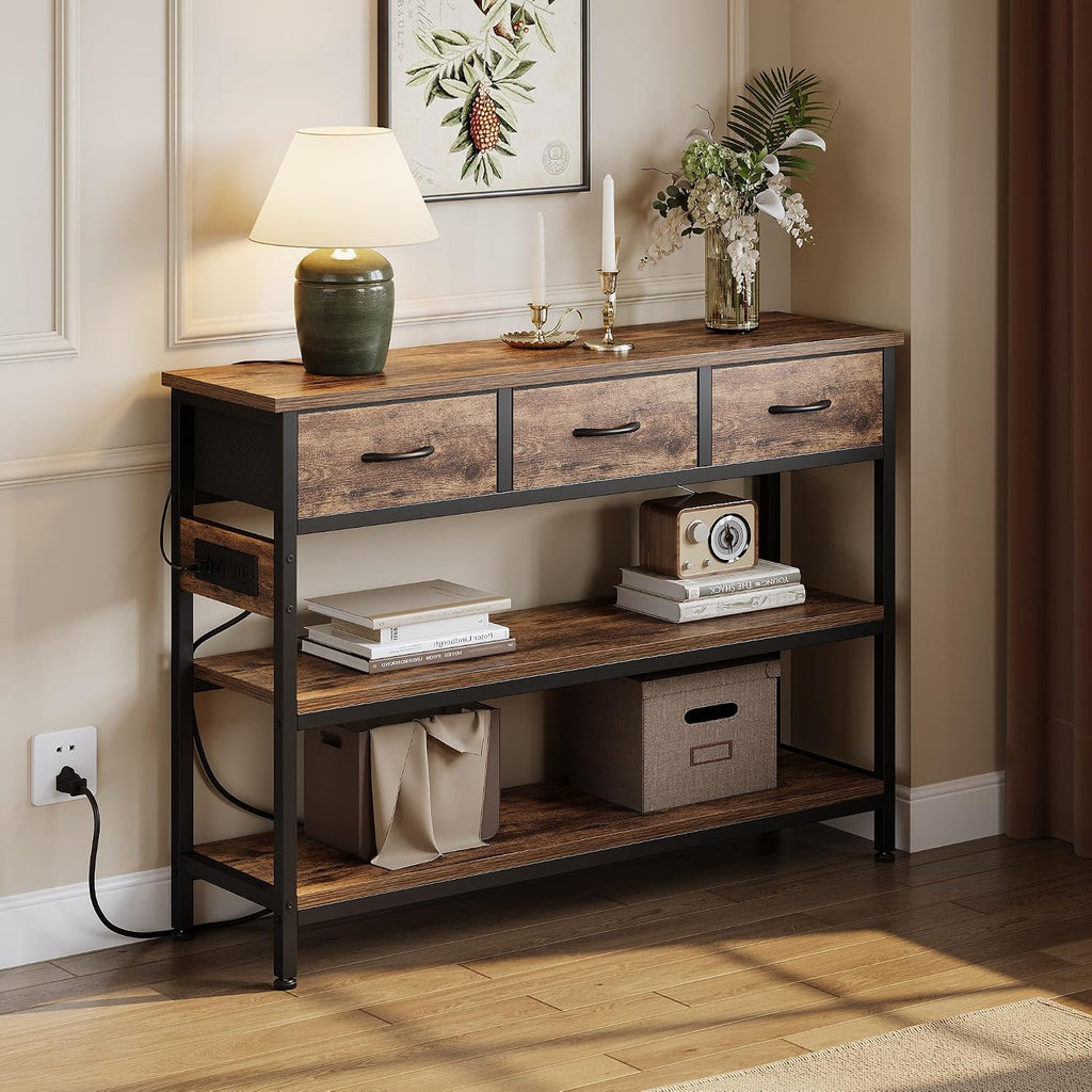 2 Pack Entryway Table with Outlets, 3 Fabric Drawers, 43in | 43.3"W x 11.8"D entry table with 2 outlets, 2 USB ports, swappable plug side, adjustable feet and anti-tip kit.