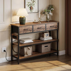 2 Pack Entryway Table with Outlets, 3 Fabric Drawers, 43in | 43.3"W x 11.8"D entry table with 2 outlets, 2 USB ports, swappable plug side, adjustable feet and anti-tip kit.