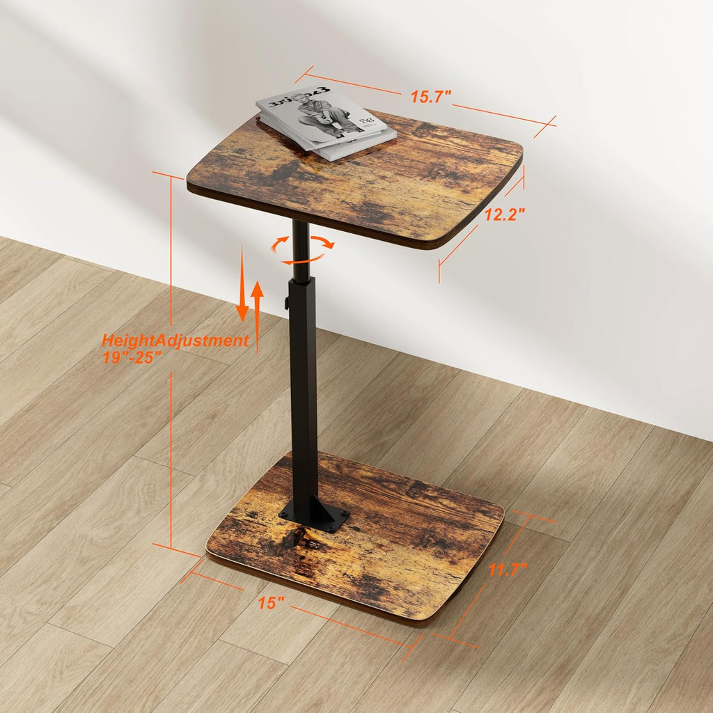 TV Tray Table for Small Spaces with 360° Swivel Tabletop & Height Adjustable,C Shaped Sofa Arm End Side Table, Bed Tray Stand for Eating Laptop,Living Room, Bedroom,Breakfast (Wood Base)