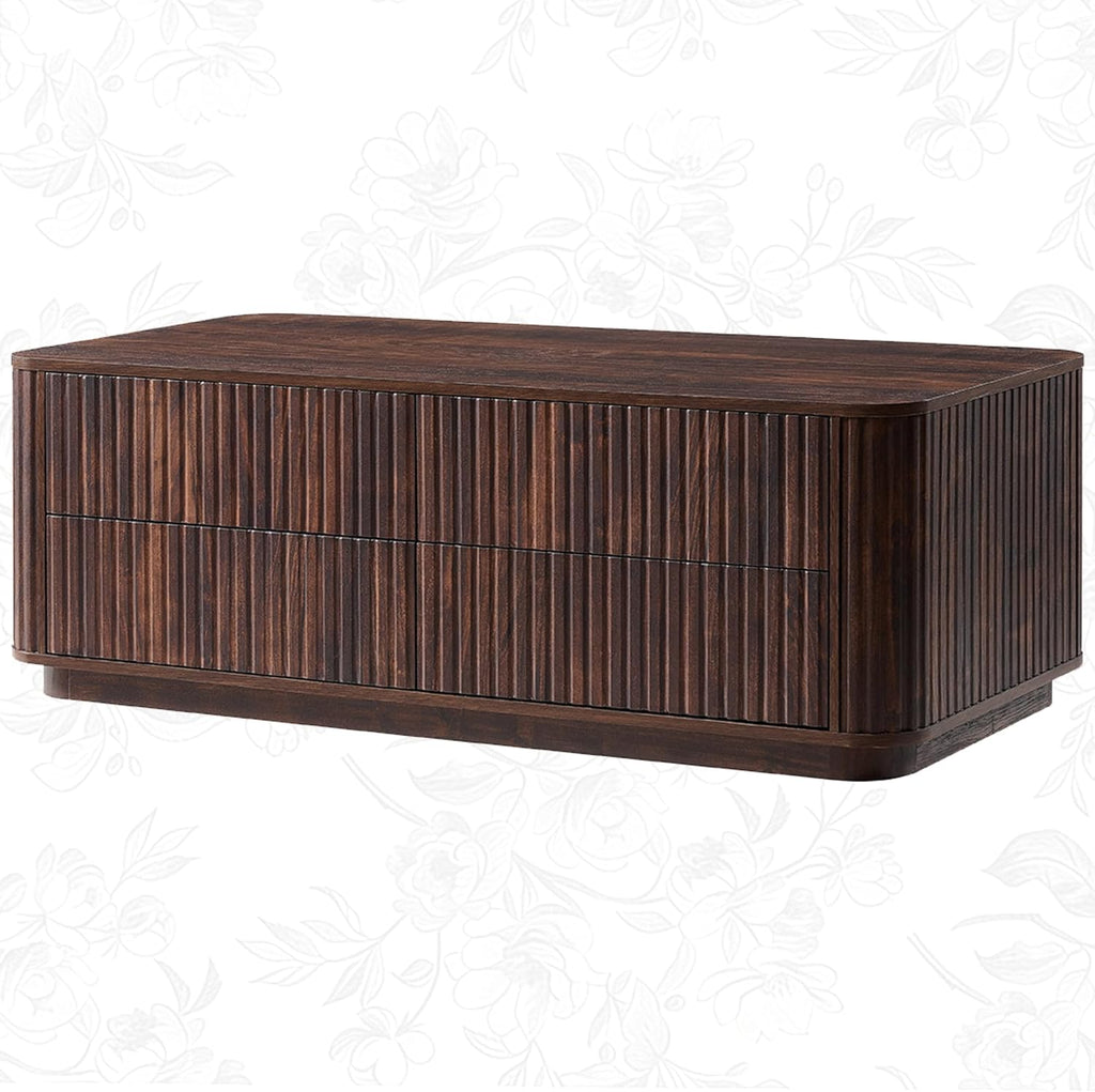 51" Fluted Coffee Table with 4 Drawers, Mid Century Modern Large Coffee Table with Storage, Rectangle Wood Center Table for Living Room, Dark Walnut
