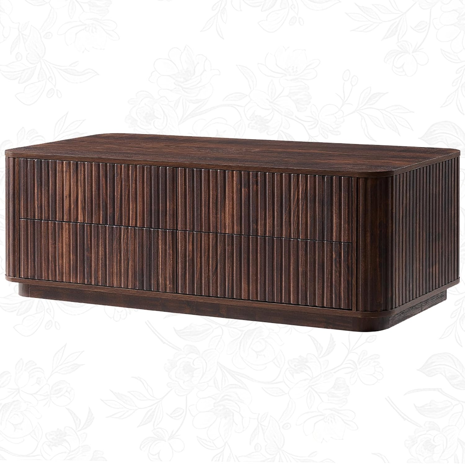 51" Fluted Coffee Table with 4 Drawers, Mid Century Modern Large Coffee Table with Storage, Rectangle Wood Center Table for Living Room, Dark Walnut