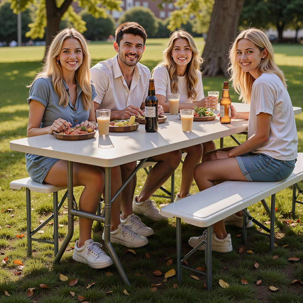6FT Folding Bench - Heavy Duty 770lbs Capacity, Safety Locking Button & Wider Carrying Handle, Foldable Portable Bench for Outdoor, Picnic, Storage, Camping - White, 2 Pack