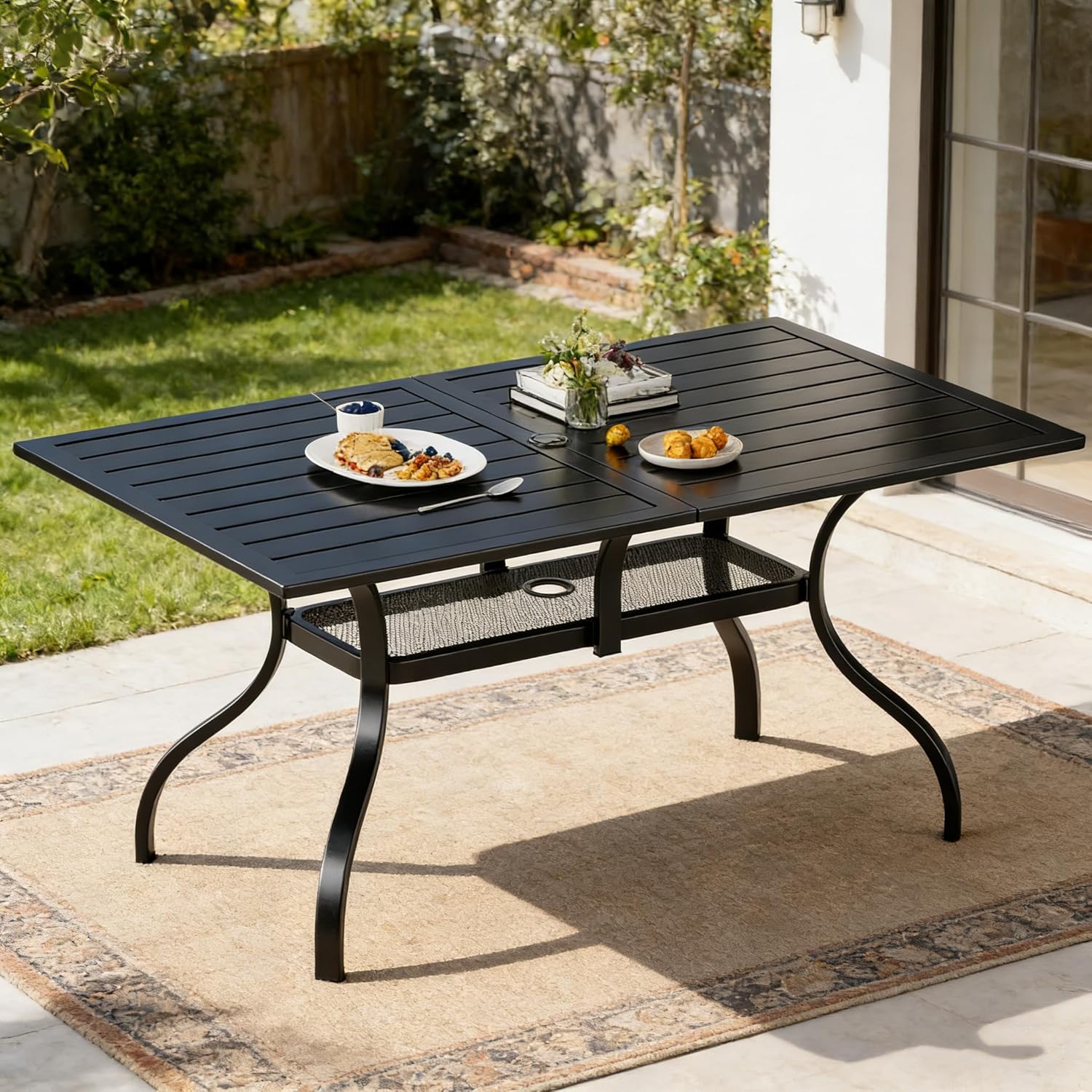 SUNCROWN 60"x37" Black Patio Outdoor Dining Table Metal Steel Slat Rectangular Bistro Table for Porch Deck Garden Backyard Poolside, 1.57" Umbrella Hole