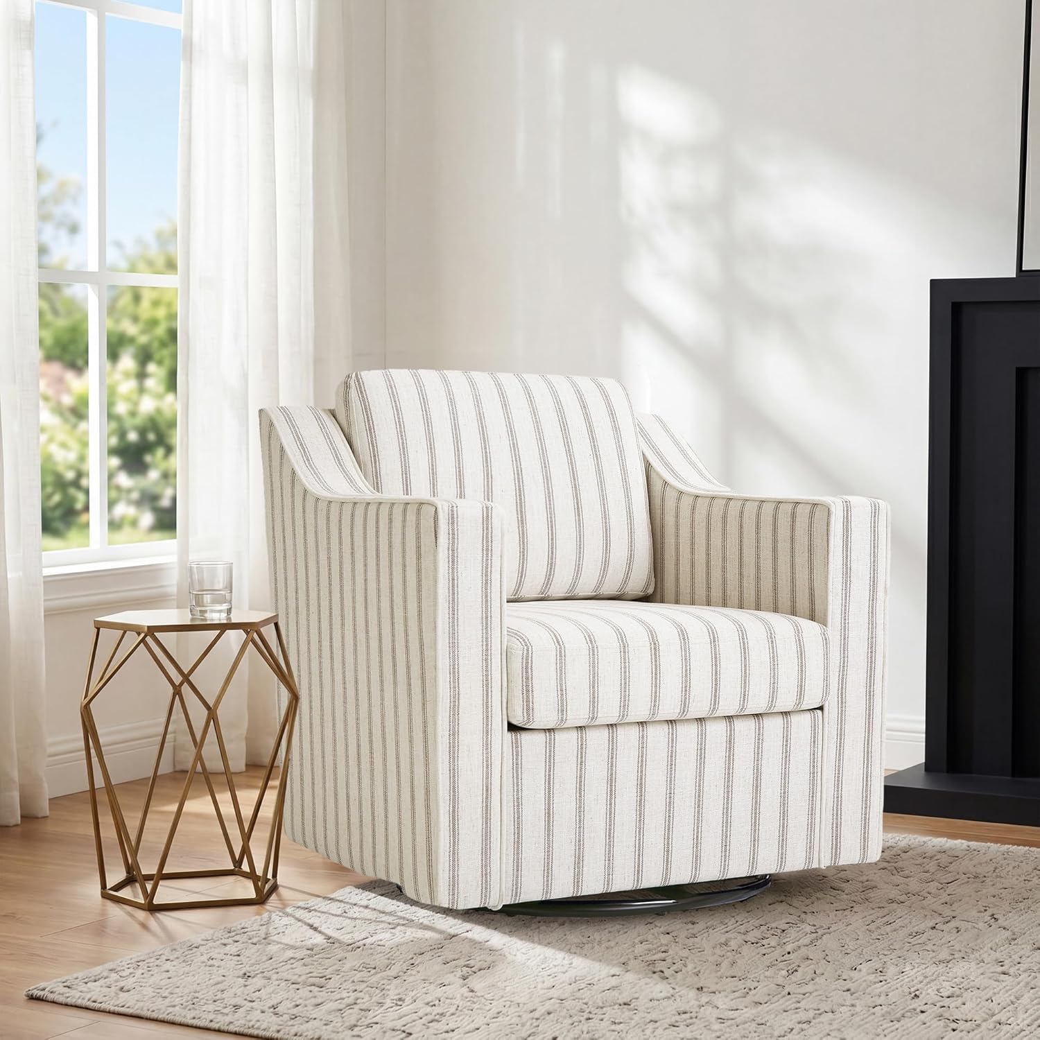 Swivel Accent Chair, Modern Round Barrel Arm Chair for Living Room, Bedroom, Comfy Club Reading Chairs for Adults (Pinstripe Light Brown, Set of 2)