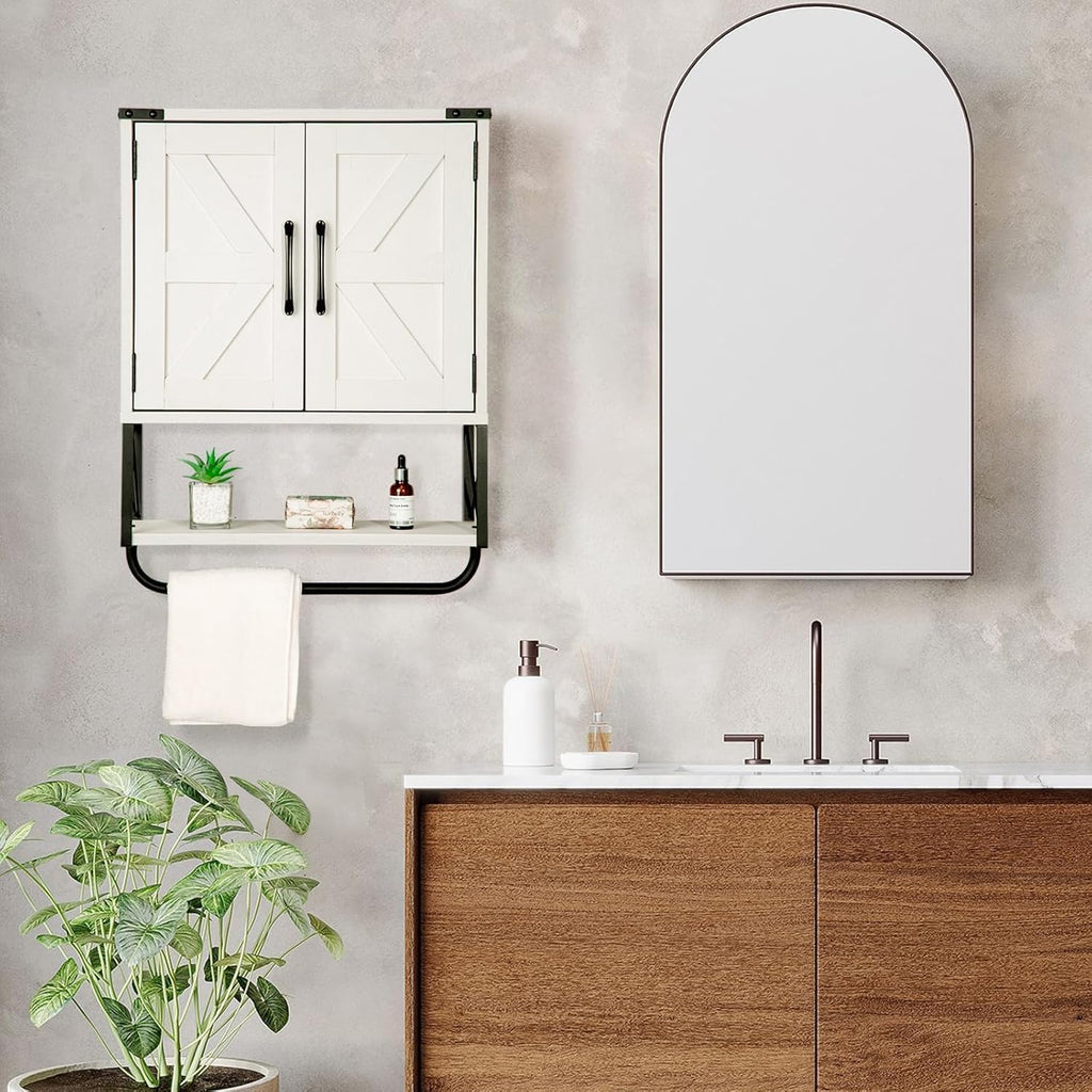 RUSTOWN Farmhouse Medicine Cabinet with 2 Barn Door, Wood Wall Mounted Storage Cabinet with Adjustable Shelf and Towel Bar, 3-Tier Bathroom Cabinet for Bathroom, Living Room(Vintage White, Medium)
