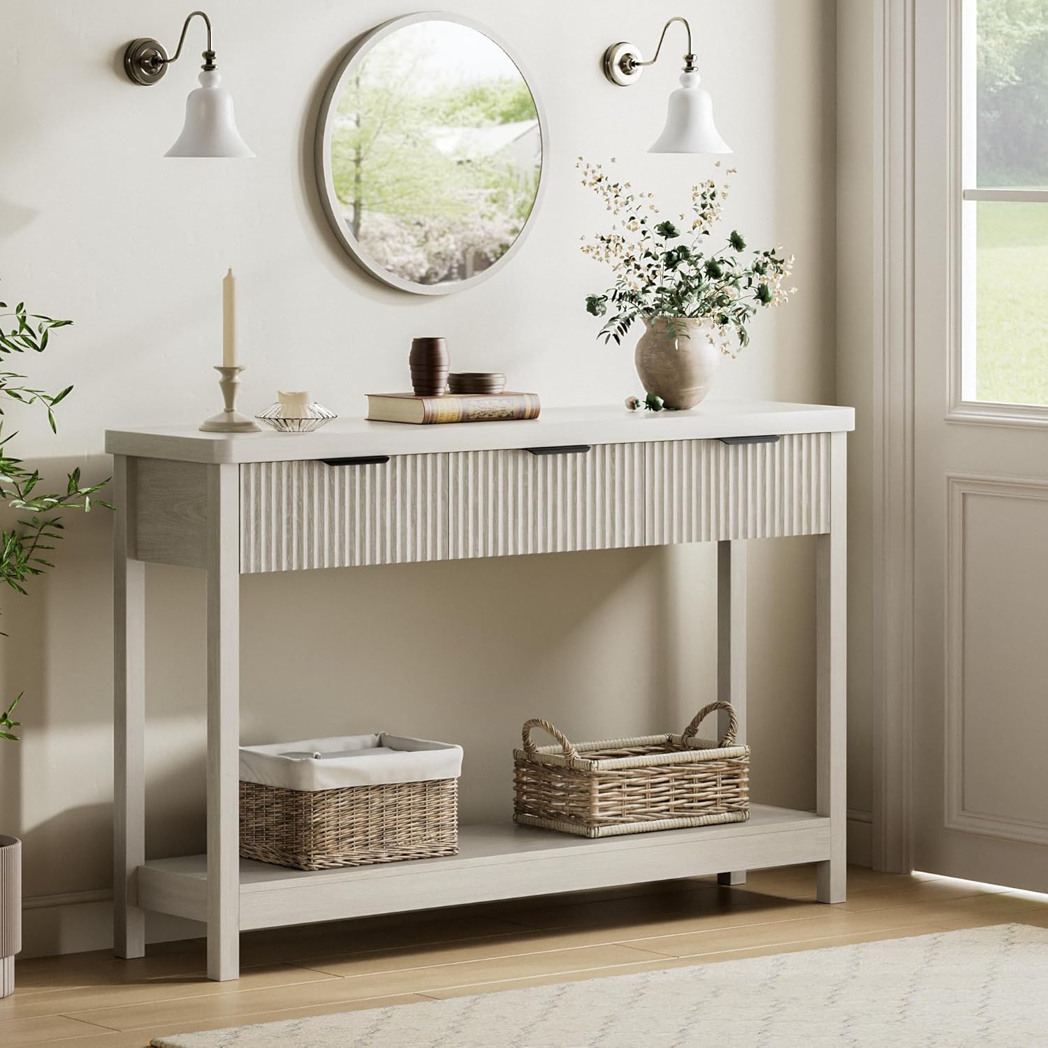 Lulive Fluted Console Table, 51 Inch Entryway Table with 3 Drawers | Scandi farmhouse look with quiet full-extension slides, open lower shelf, profile for hallway, entry, foyer or behind sofa.