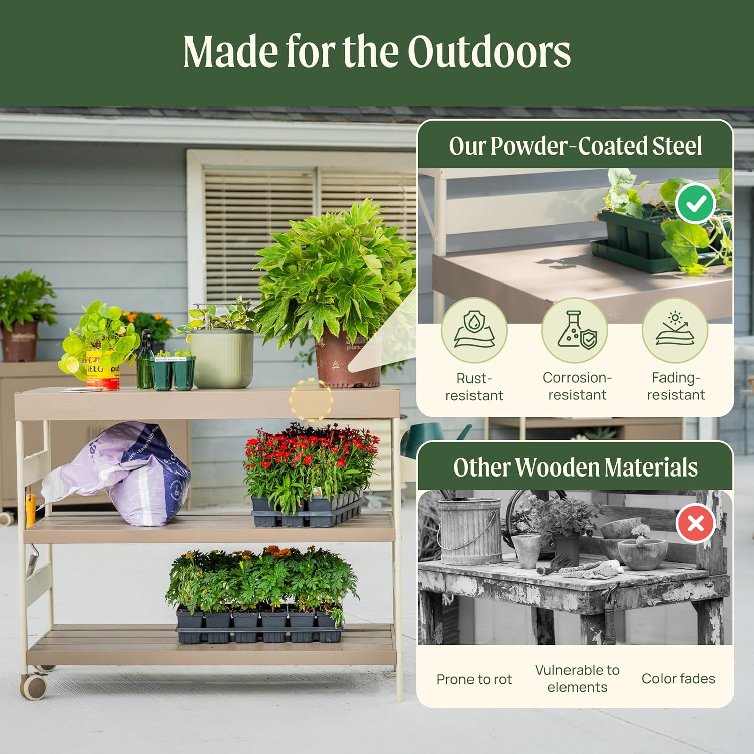 Vego Garden Metal Garden Workstation, Outdoor Gardening Potting Table with Wheels, Work Bench with Large Powder-Coated Steel Tabletop for Outdoor
