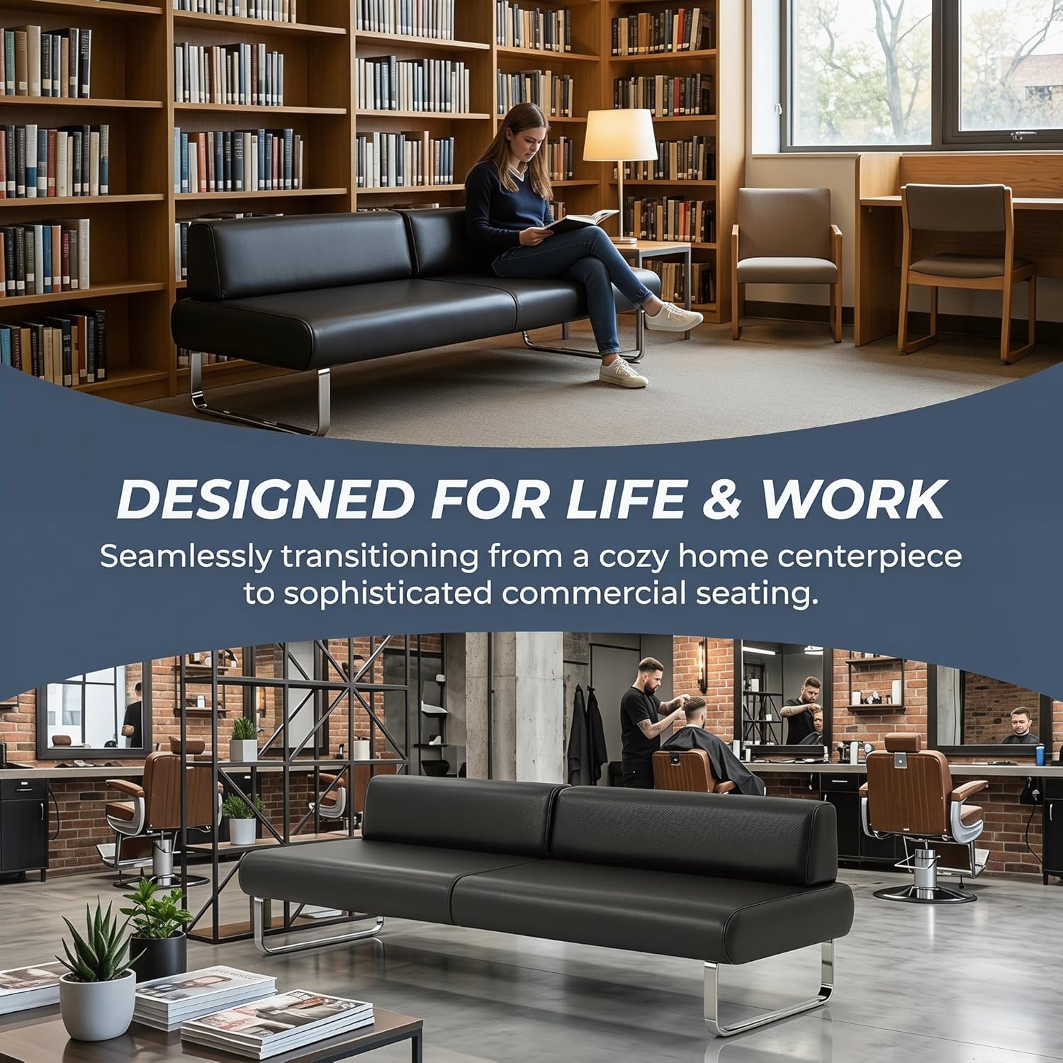 Modern Modular Reception Bench Sofa, Faux Leather Waiting Room Seating with Metal Frame, Upholstered Ottoman Bench for Office Lobby, Salon, Clinic & Lounge Brown 55.1" L × 21.5" W × 31.5" H