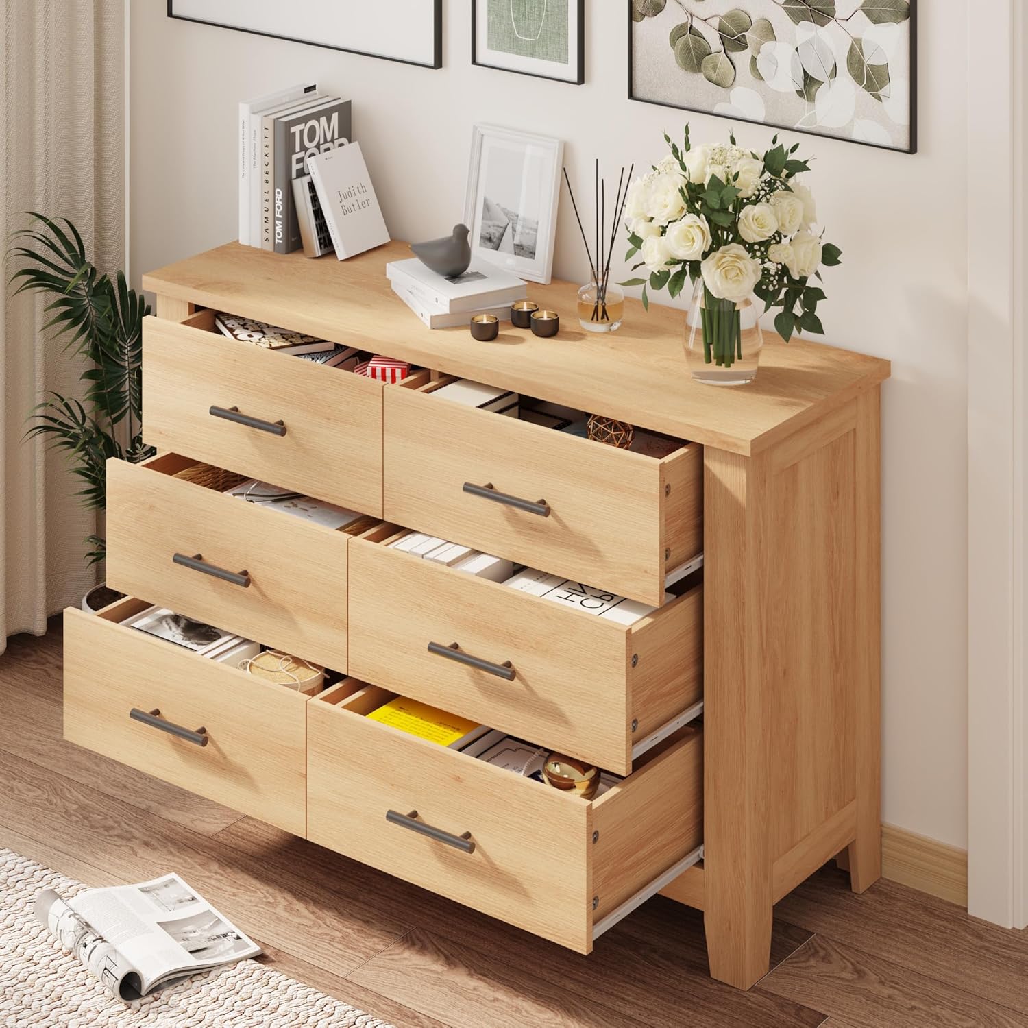 GarveeHome 6 Drawer Dresser for Bedroom, 47 Inch Wide Wood Chest of Drawers, Large Storage Organizer with Deep Drawers & Stable Legs, Modern Farmhouse Dresser for Living Room, Entryway, Natural