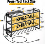 MOOMSINE Large Power Tool Organizer Wall Mount with Charging Station for Garage, 400lbs Metal Storage Rack with 8 Cordless Drill Holder, 4 Tier Heavy Duty Battery Tool Shelf with 5 Outlet Power Strip