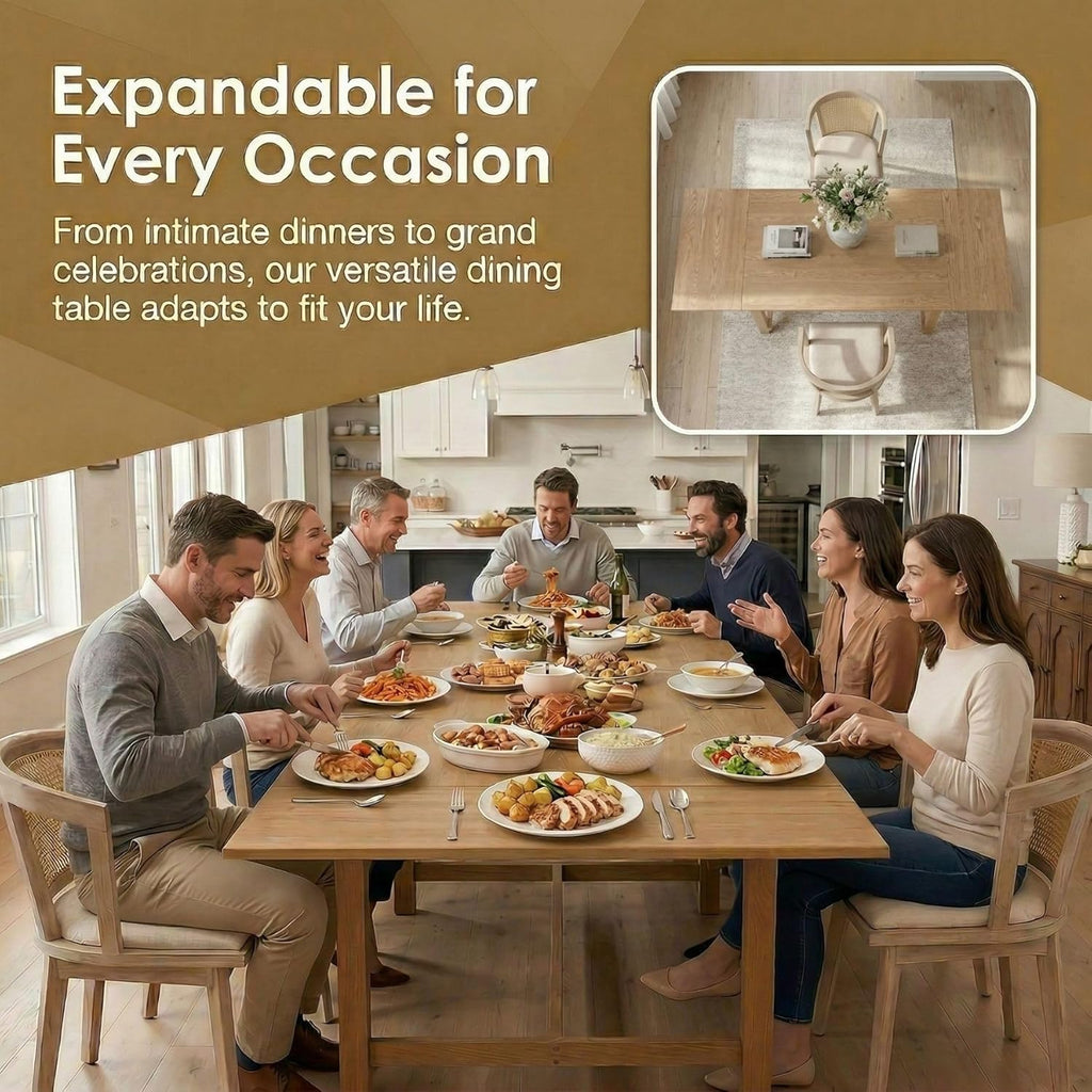 9-Piece Farmhouse Dining Table Set for 8, 59"-94" Extendable Kitchen Table & Upholstered Chairs, Solid Wooden Table with Woven Ratten Chair Living Room Restaurant - Natural/Natural