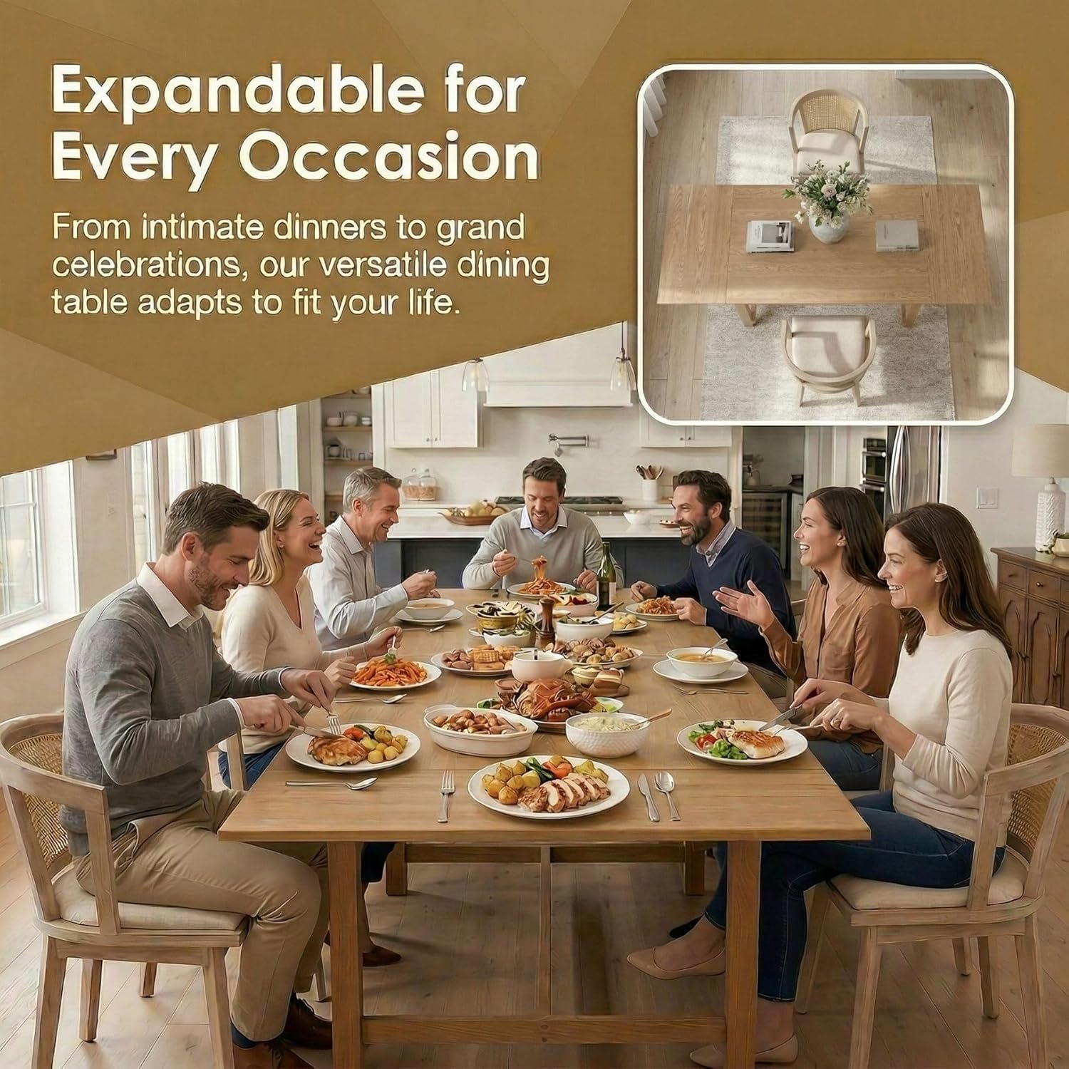 9-Piece Farmhouse Dining Table Set for 8, 59"-94" Extendable Kitchen Table & Upholstered Chairs, Solid Wooden Table with Woven Ratten Chair Living Room Restaurant - Natural/Natural