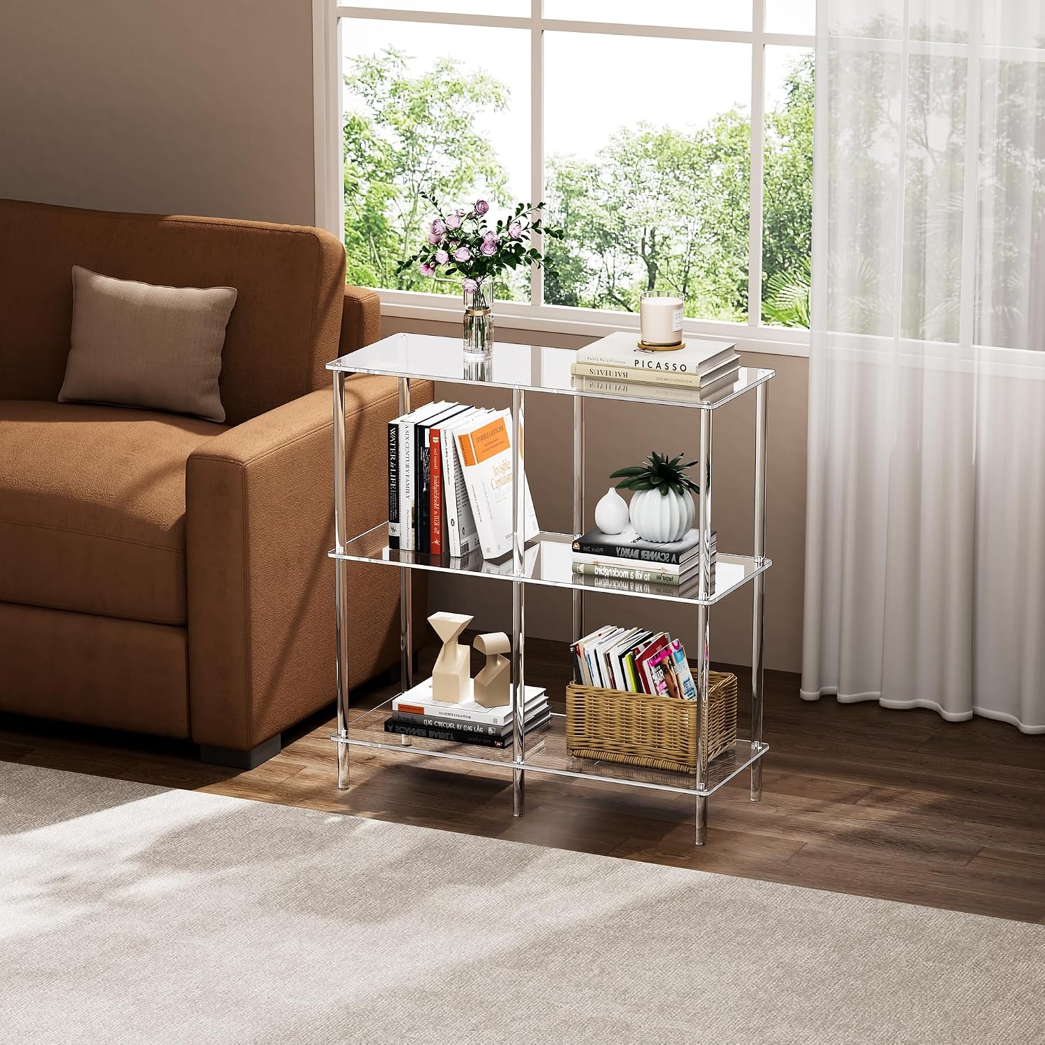 Acrylic Side Table Clear 3-Tier End Table for Living Room, Office, Hallway, Bedroom Small Bedside Table (8mm 31.7" high)