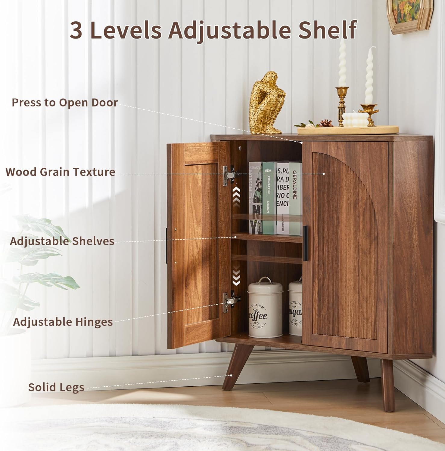 BERRYMERRY Fluted Corner Cabinet with Storage,Space Saving Corner Floor Cabinet with Adjustable Shelve & Arched Profile Door for Living Room Kitchen Bathroom (Brown, 15.7”D x 31.5”W x 30.7”H)