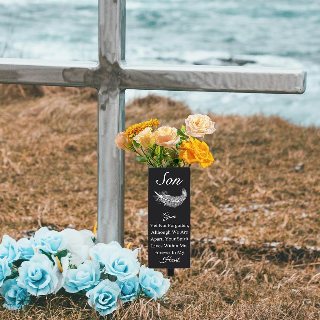 Son Cemetery Vases for Grave, Metal Cemetery Grave Flower Vase with Stake, Son Grave Cemetery Decorations, Metal Memorial Grave Markers, Graveside Decor Sign for Grave Outdoor Yard