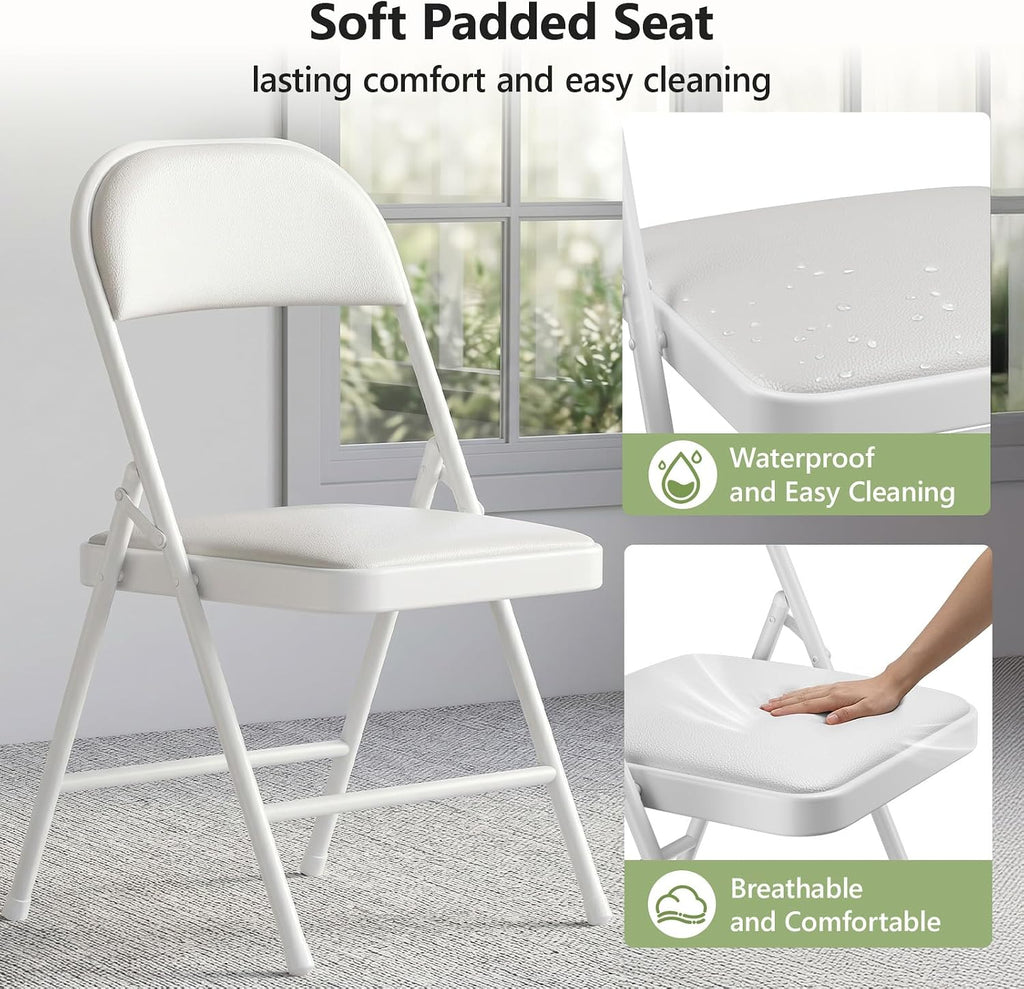 Folding Table and Chairs, 5ft Folding Table with Adjustable Height& PU Leather Padded Folding Chairs 4, Portable Table and Chairs Set for Indoor&Outdoor Party, Camping Use(White Table& White Chair)