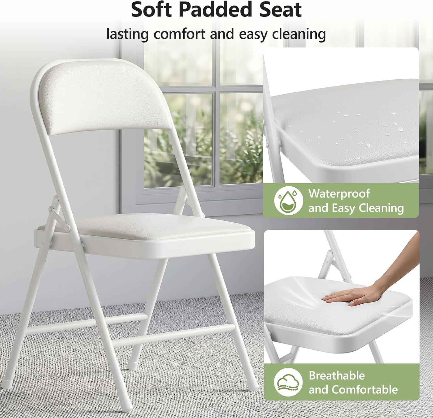 Folding Table and Chairs, 5ft Folding Table with Adjustable Height& PU Leather Padded Folding Chairs 4, Portable Table and Chairs Set for Indoor&Outdoor Party, Camping Use(White Table& White Chair)