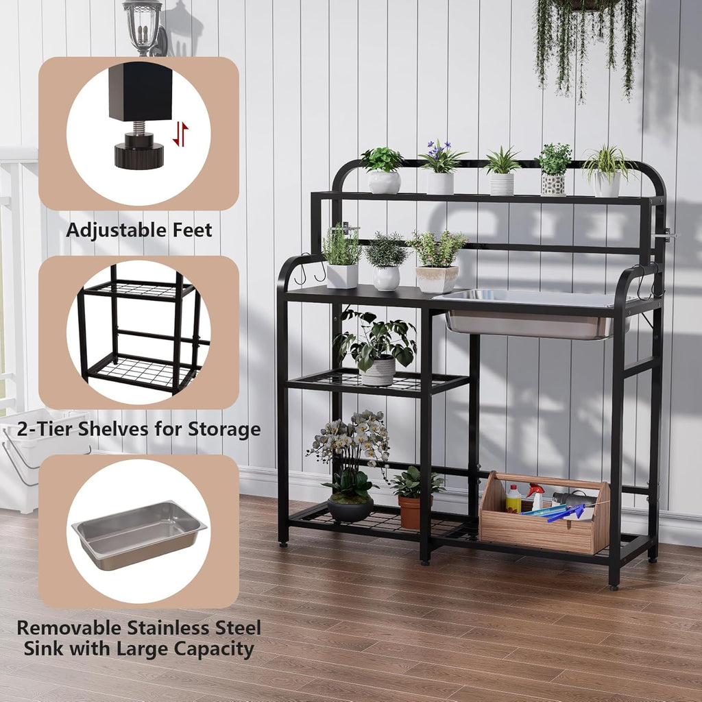 Outdoor Potting Bench Table with Sink & Storage, Heavy Duty Metal Gardening Workbench, 4-Tier Garden Potting Station with Hooks, Adjustable Height Planting Table for Patio Lawn Backyard, Black