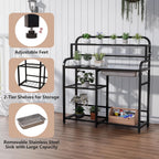 Outdoor Potting Bench Table with Sink & Storage, Heavy Duty Metal Gardening Workbench, 4-Tier Garden Potting Station with Hooks, Adjustable Height Planting Table for Patio Lawn Backyard, Black